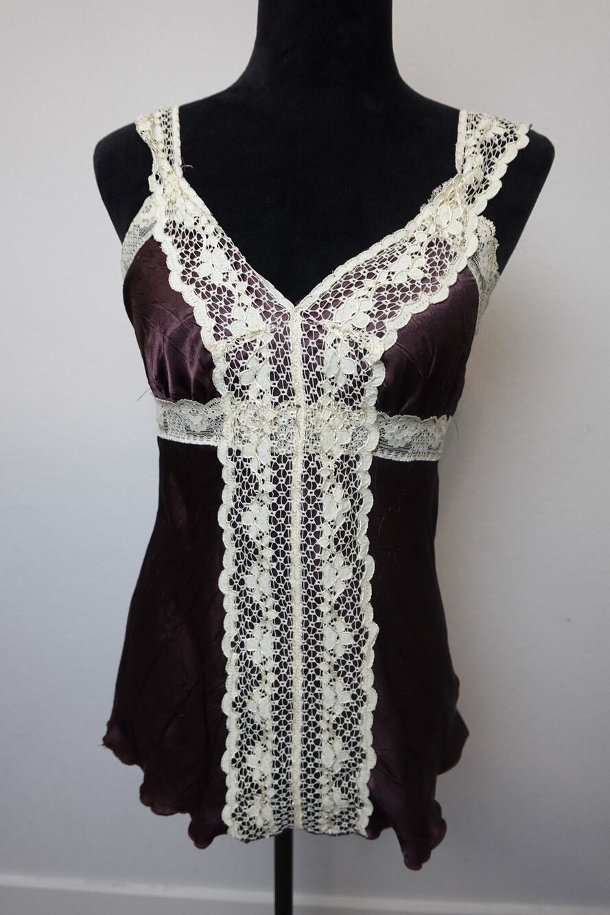 Chic Y2K Soulmates Lace Tank Top - Brown & Cream size Small